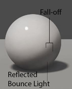 Is the bouncing behaviour of the photons that are not absorbed by the surface that they hit. Fall-off: Is the speed at which objects go from light to dark. Does the light exposed area of the object abruptly convert to shadow or does it gradually blend from light to dark? There are different rates of fall-off and usually that rate of fall-off is influenced by how much of the object is being exposed to light as well as the angle it is facing the light.