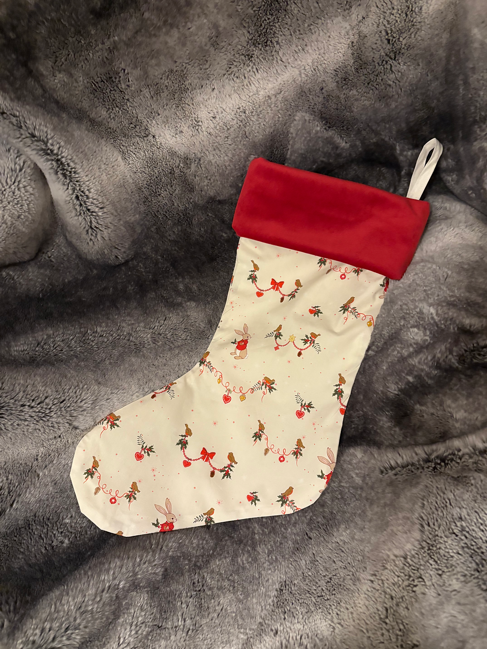Large Christmas Stocking with Red Velvet Cuff & Festive Bunny Design 45cm Handma