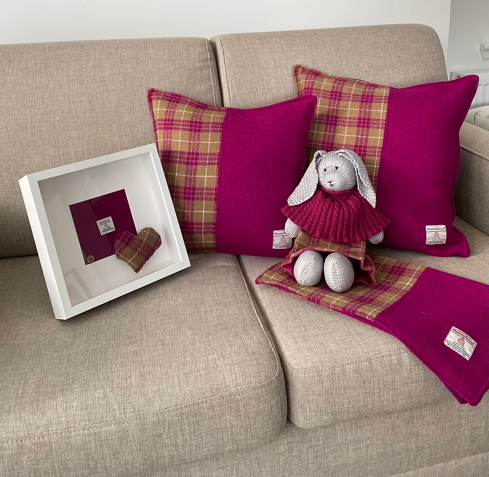 Thumbnail: Harris Tweed - 100% wool square cushion, fuschia matching coffee/fuschia check