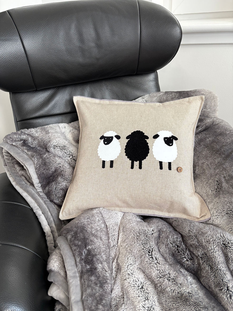 Thumbnail: Sheep Cushion Cover Handmade in Scotland – Cotton Linen Front – Herringbone Back