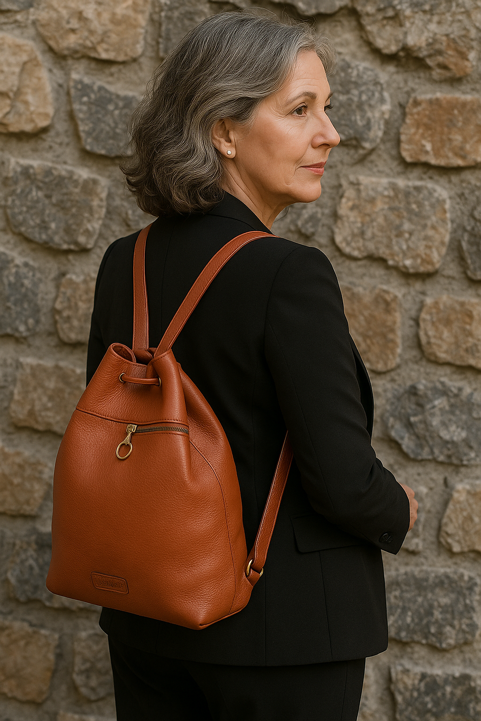 Mujer elegante de mediana edad con traje negro y mochila artesanal de cuero color teja de RedMasai, posando frente a una pared de piedra.