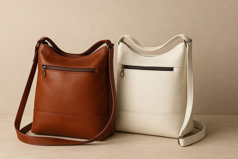 Mochilas de cuero RedMasai modelo Angie en tonos teja y blanco, sobre fondo beige elegante. Diseño artesanal y sofisticado, ideal para destacar la colección de mochilas de cuero.