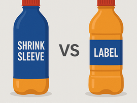 A side-by-side comparison showing two identical bottles, one fully wrapped with a shrink sleeve and the other with a standard pressure-sensitive label. The shrink sleeve covers the entire bottle surface for 360-degree branding, while the label covers only the middle section. The image visually highlights the difference between shrink sleeve coverage and traditional labeling.