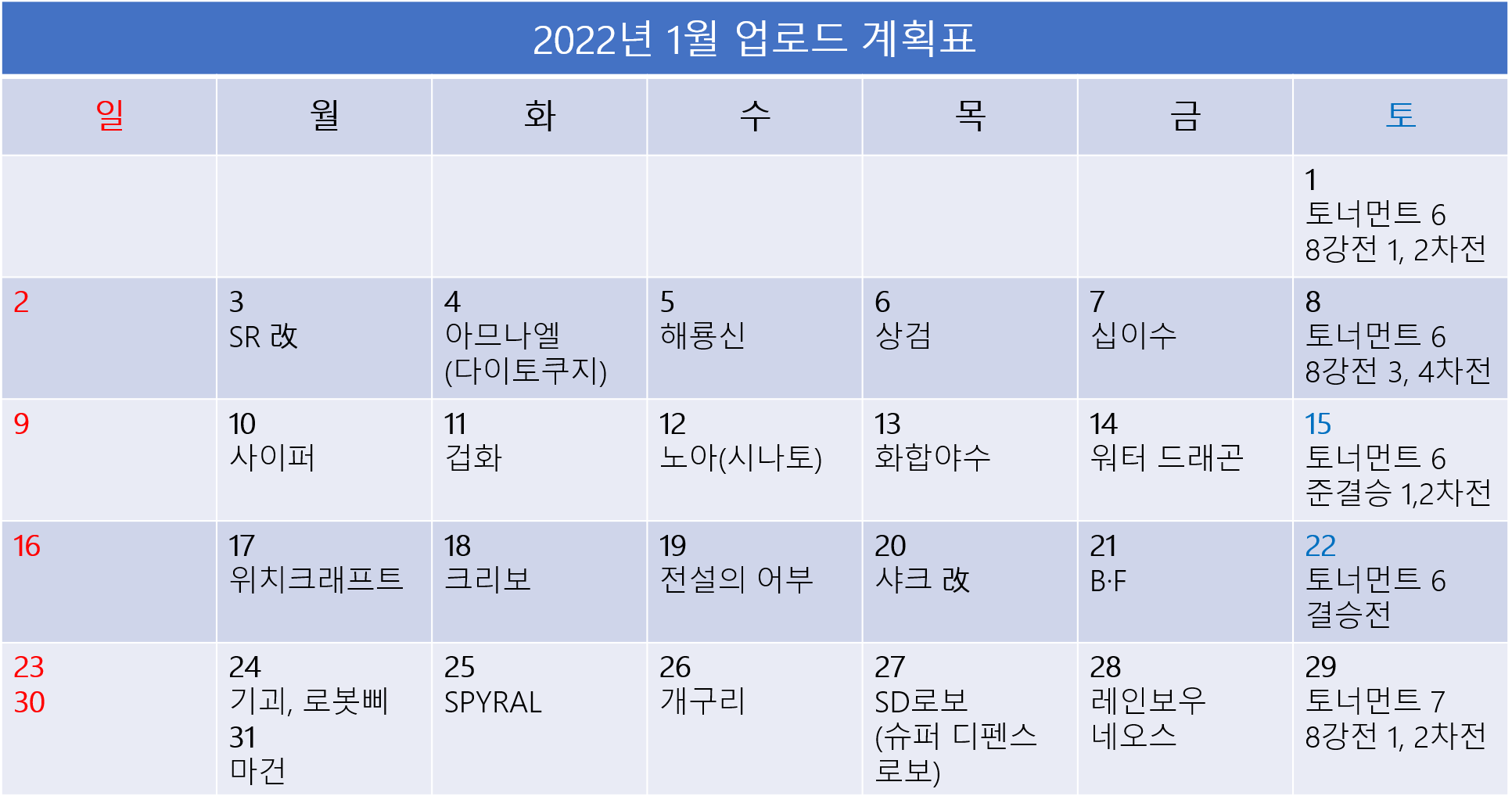 유튜브 업로드 계획표 (2022년) content media