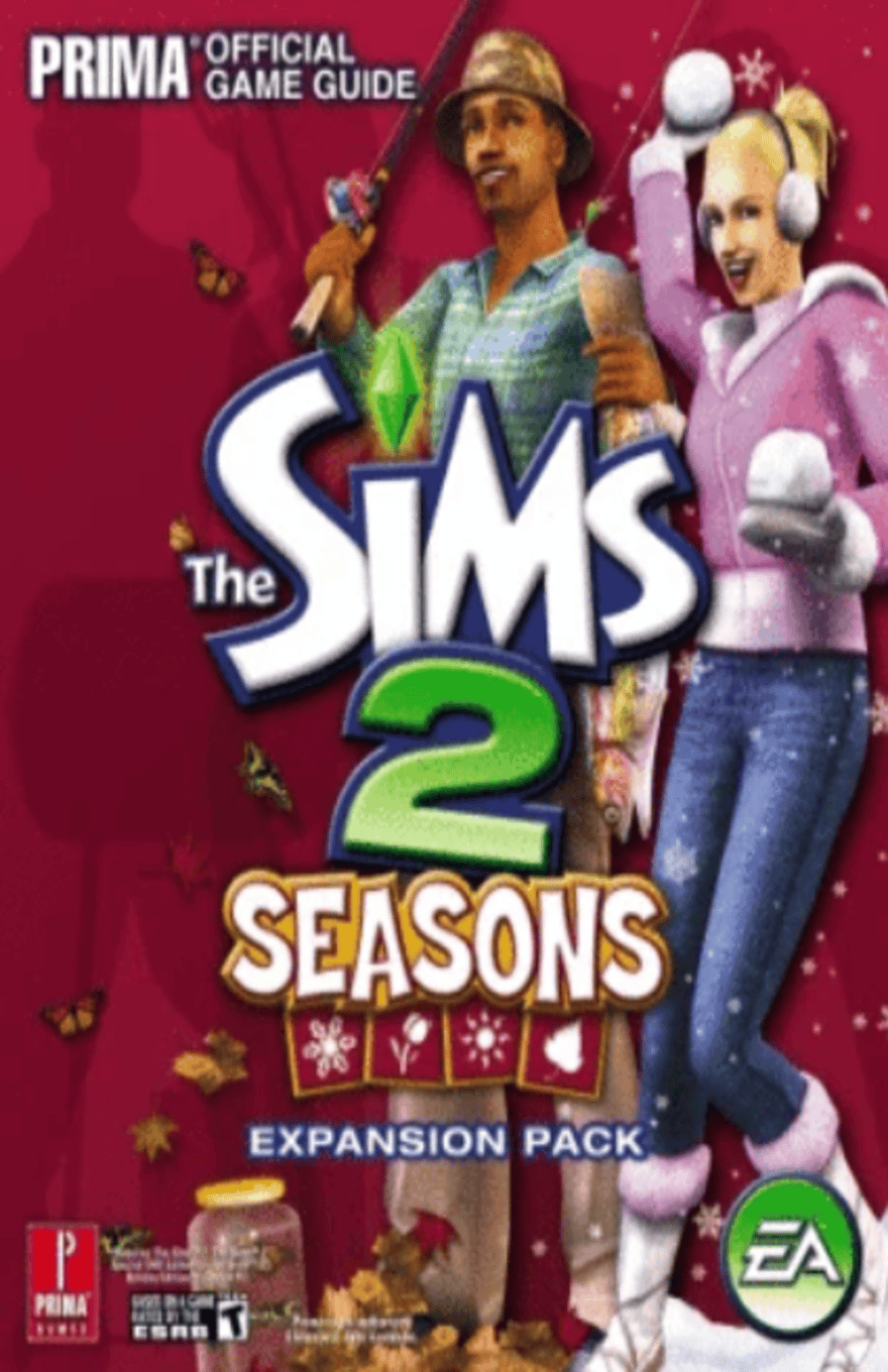 Cover of The Sims 2: Seasons expansion pack. Two Sims in seasonal clothing stand amid falling leaves and snowflakes on a red background, with Prima Official Game Guide branding.