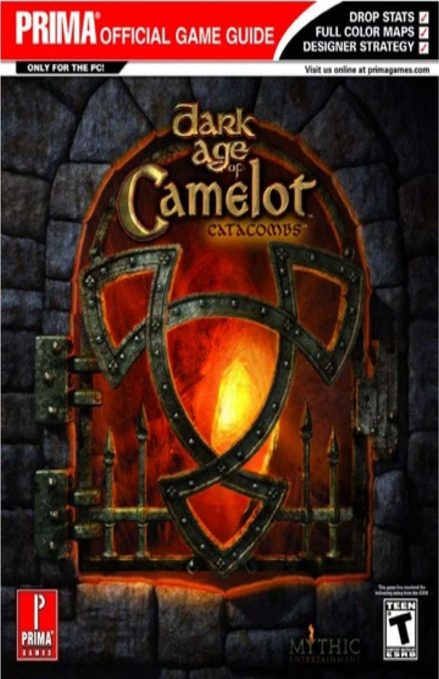 Cover of Dark Age of Camelot: Catacombs Official Game Guide showing a glowing red dungeon door with a Celtic-style emblem, framed by stone walls and Prima branding.