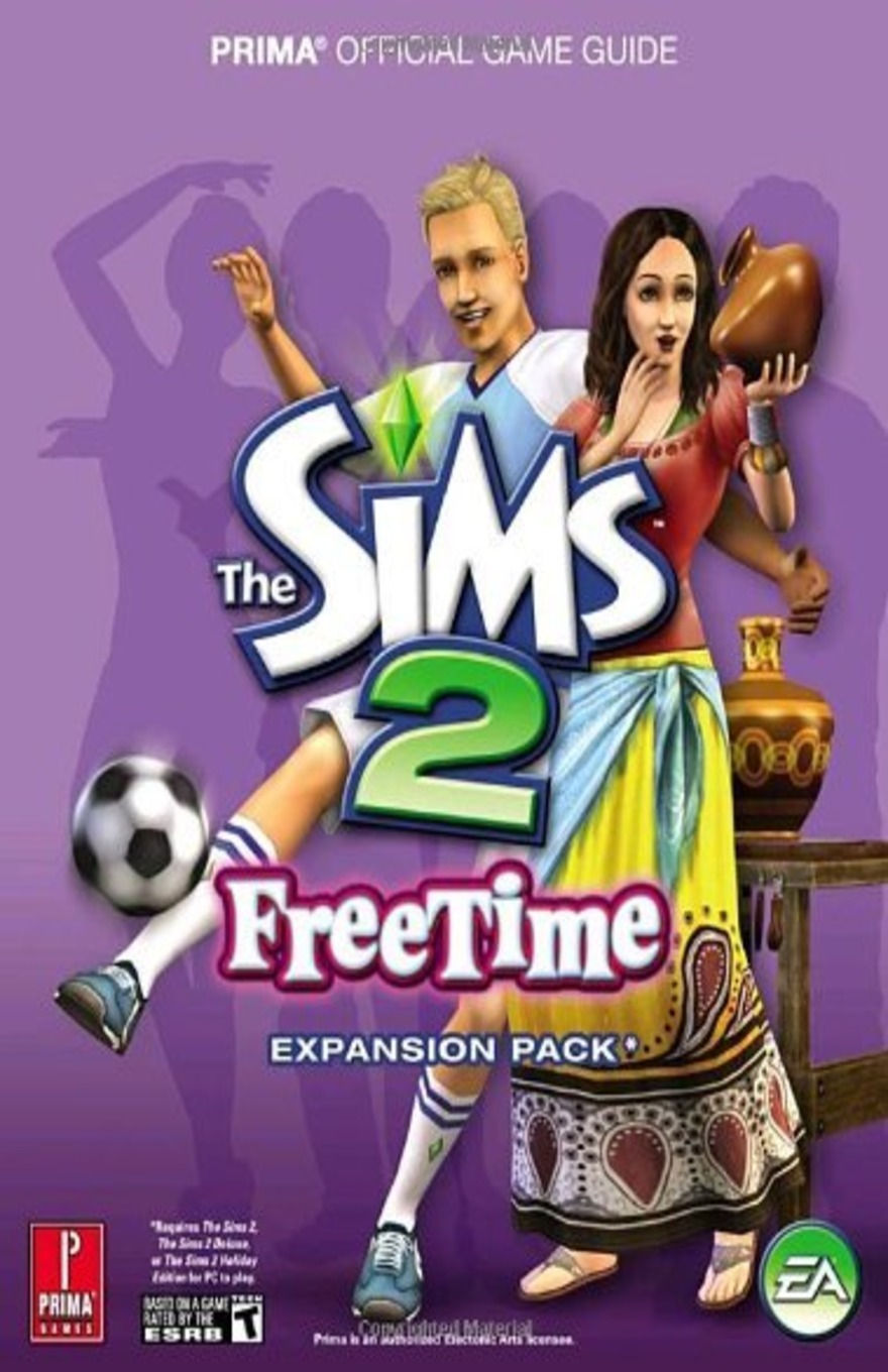 Cover of The Sims 2: FreeTime Prima Official Game Guide showing two Sims characters dancing—one in sportswear with a soccer ball, the other holding a pottery vase—on a purple background.
