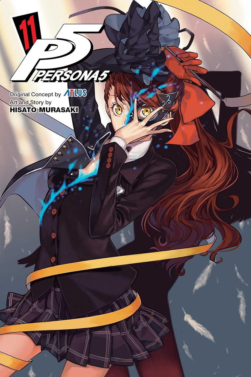 Anime-style illustration of a young woman in a black school uniform and beret, holding a decorative mask over one eye as blue energy swirls around her. Her long brown hair flows behind her, with ribbons and feathers in motion. The Persona 5 logo and volume number 11 appear, along with credits to Atlus and Hisato Murasaki.