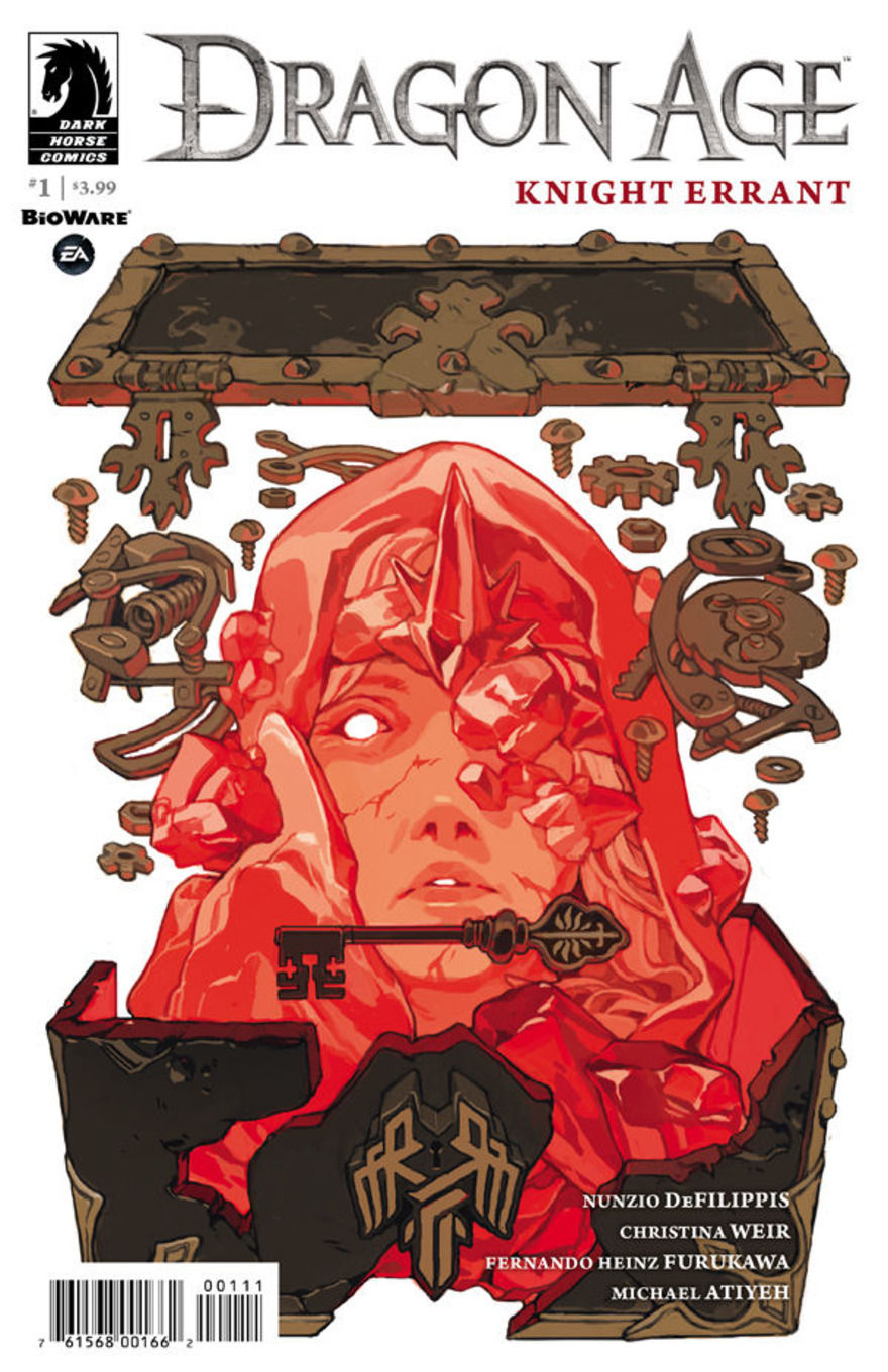 Comic cover for Dragon Age: Knight Errant #1: a stylized red-toned portrait of a woman encased in crystal, with gears, locks, and a key floating around her head.