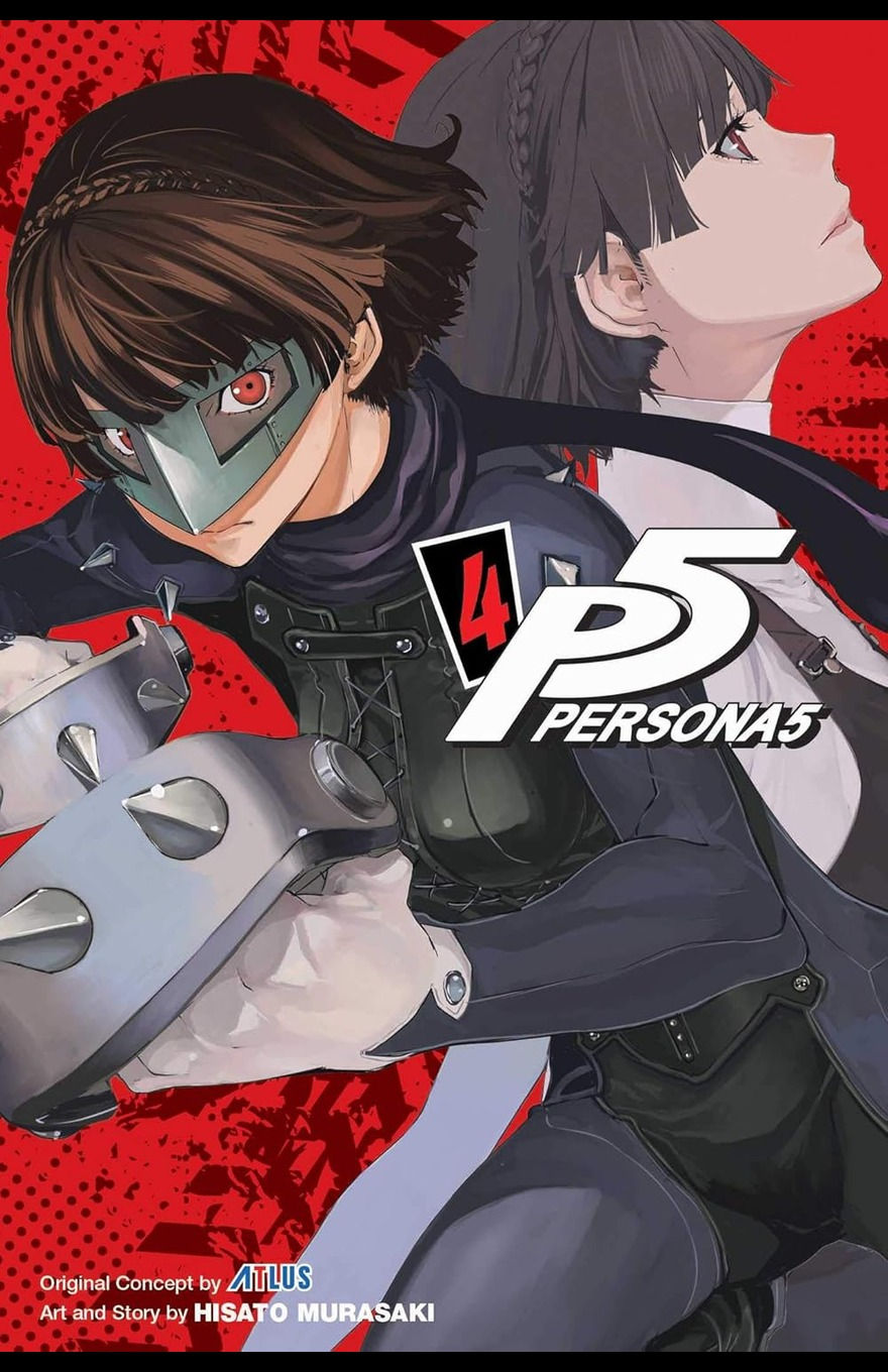 Cover of Persona 5, Volume 4 (English Edition) features a couple of anime-style characters in dynamic poses against a red backdrop. The front character has a mask covering most of their face, revealing only their red eyes and mouth, and their hands are upfront, wielding pointed weapons. A black-haired character stands behind them. A stylised "P5 Persona 5" logo appears on the middle-right of the cover, with the number "4" near the centre. Creator credits to Atlus and Hisato Murasaki are featured underneath the logo.