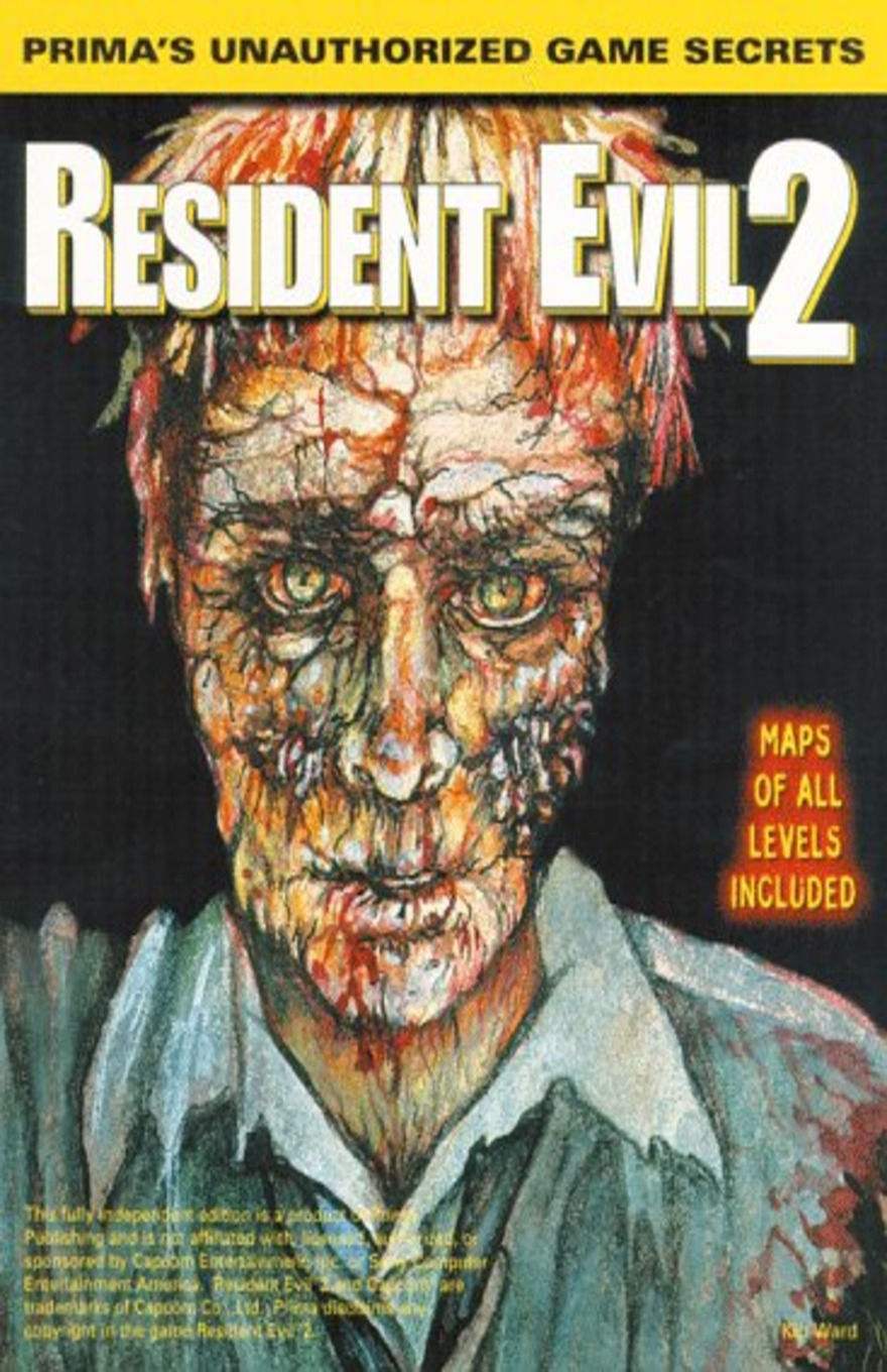 Cover of Prima’s Unauthorized Game Secrets: Resident Evil 2, featuring a close-up illustration of a decaying zombie face with glowing eyes, splattered with blood. Yellow banner at top and text noting maps of all levels included.
