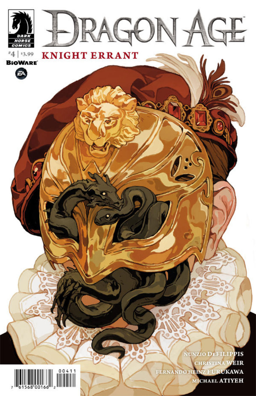 Comic cover for Dragon Age: Knight Errant #4: a noble figure in ornate clothing wears a gold lion mask entwined with black snakes.