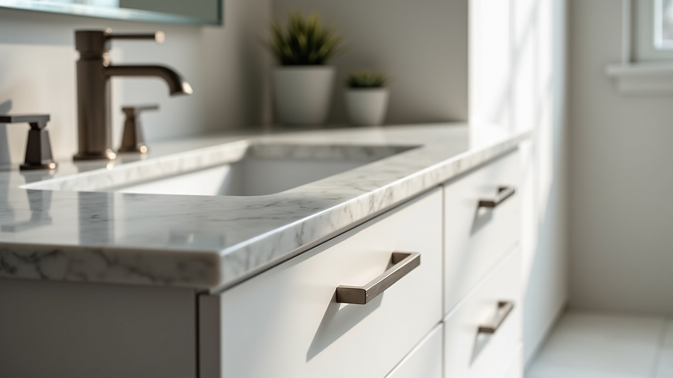 Close-up view of a modern custom bathroom vanity with marble countertop and brushed metal handles