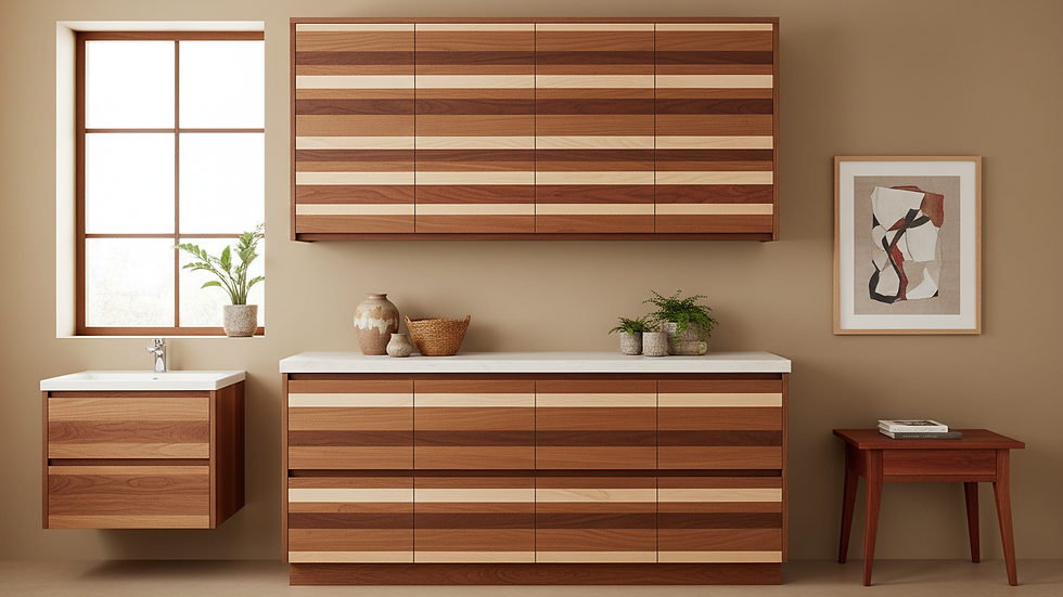 Eye-level view of a custom solid wood kitchen cabinet with natural finish