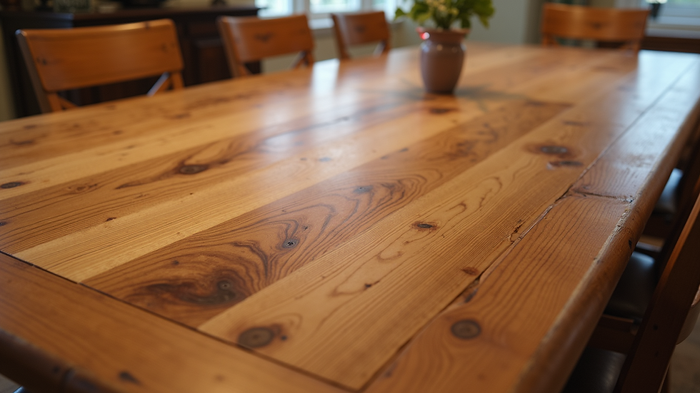 Close-up view of a handcrafted wooden dining table with intricate details