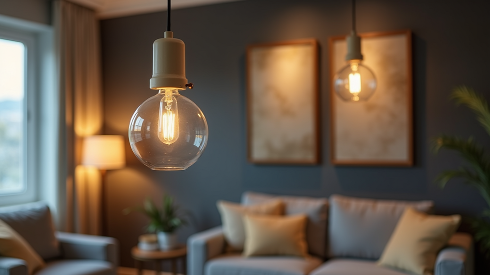 Close-up view of a stylish lighting fixture hanging in a living room