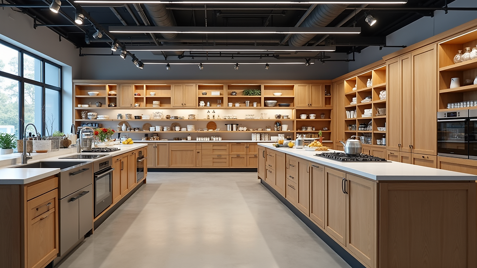 Showroom moderno de cozinha com móveis planejados e marcenaria sob medida