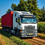 a logistics truck written Katusha in a farm with corn fields.jpg