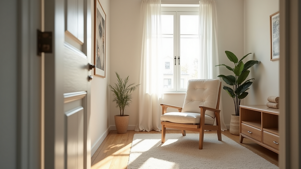 Eye-level view of a calm therapy room with a comfortable chair and soft lighting
