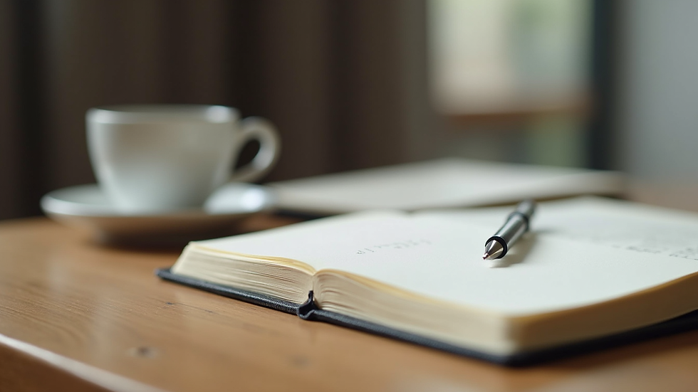Close-up view of a journal and pen on a wooden table, symbolising self-reflection and progress