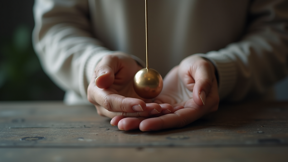 Close-up view of a therapist’s hand holding a pendulum during a hypnotherapy session