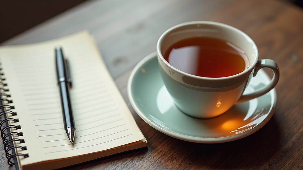 High angle view of a notebook and pen beside a cup of herbal tea