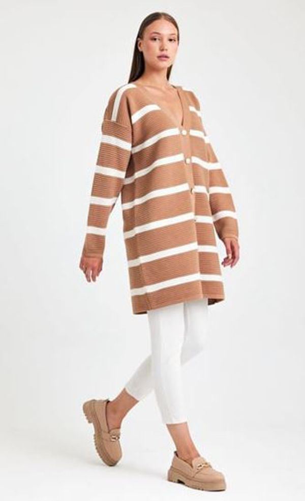 Küçük resim: Çizgili Fitilli Düğmeli Triko Hırka- Standart Beden (S,M,L,XL)