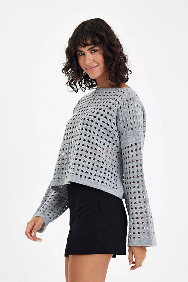 Küçük resim: File İspanyol Kol Crop Örgü Delikli Triko Kazak Standart Beden