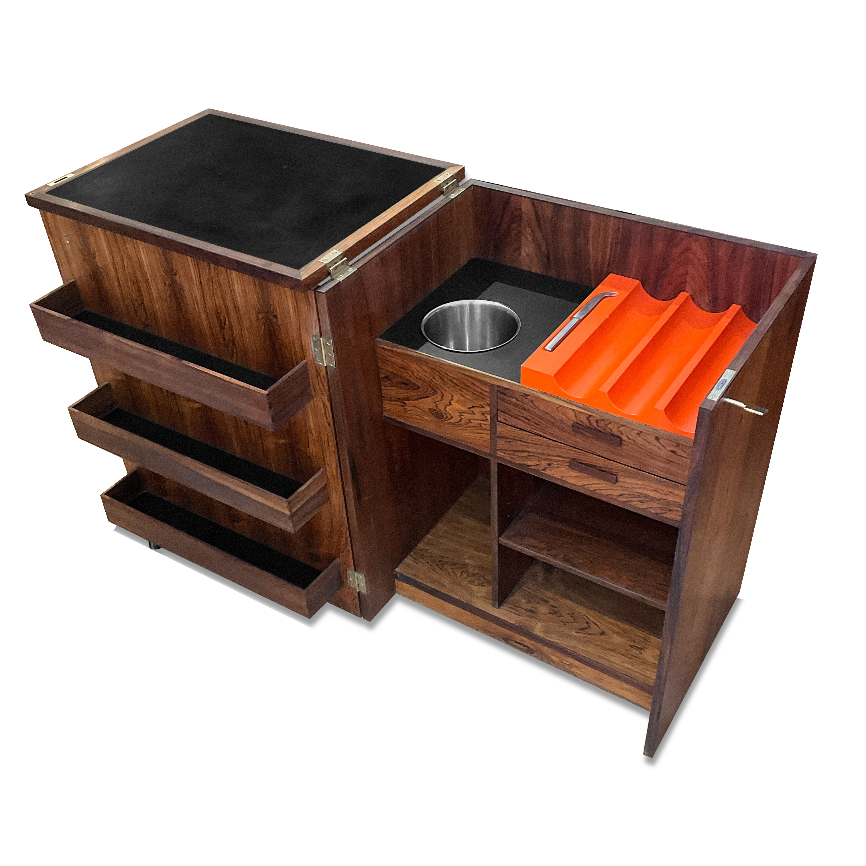 Cabinet bar en bois de roses '60s sur roulettes