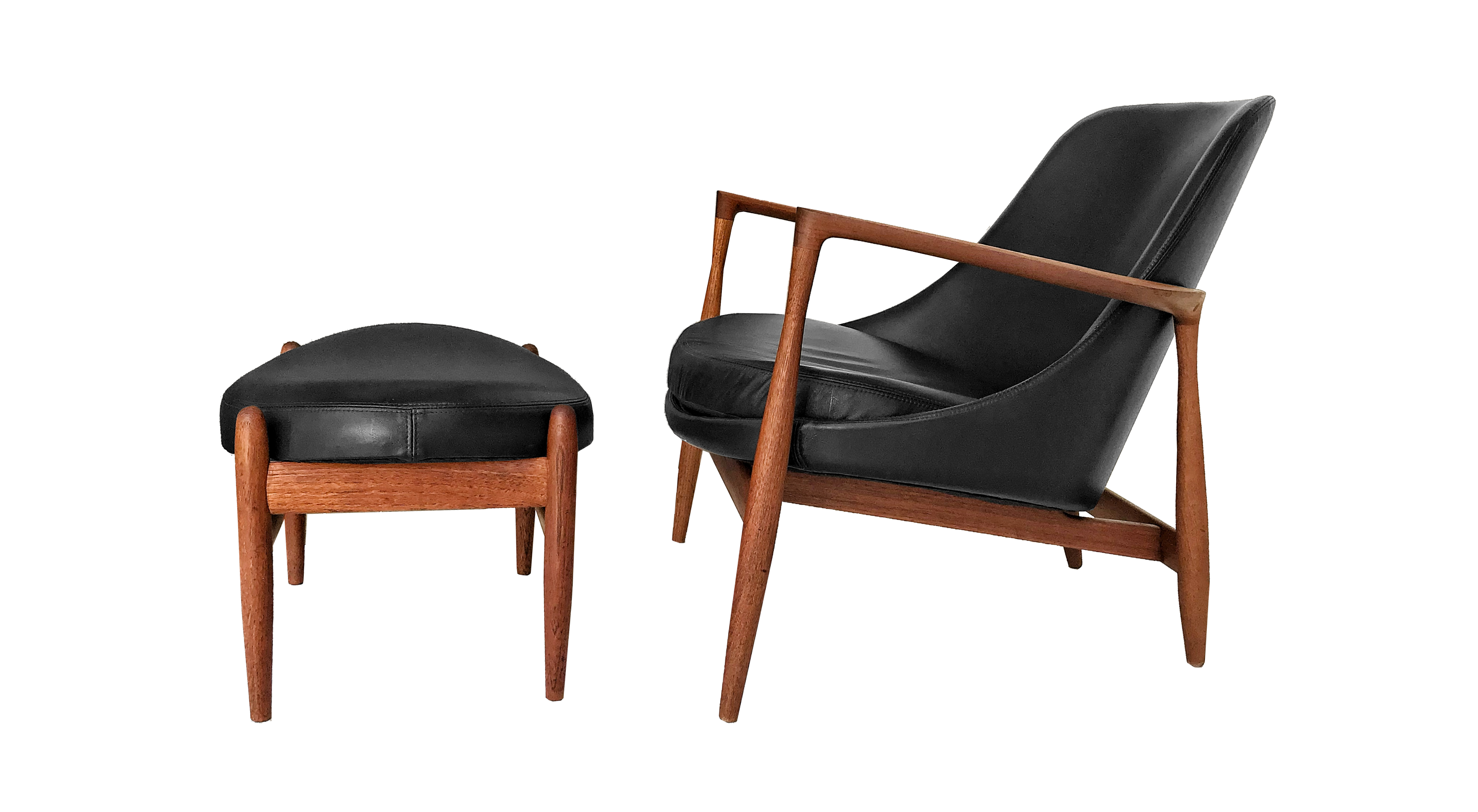 Fauteuil et ottoman en teck 50's cuir véritable