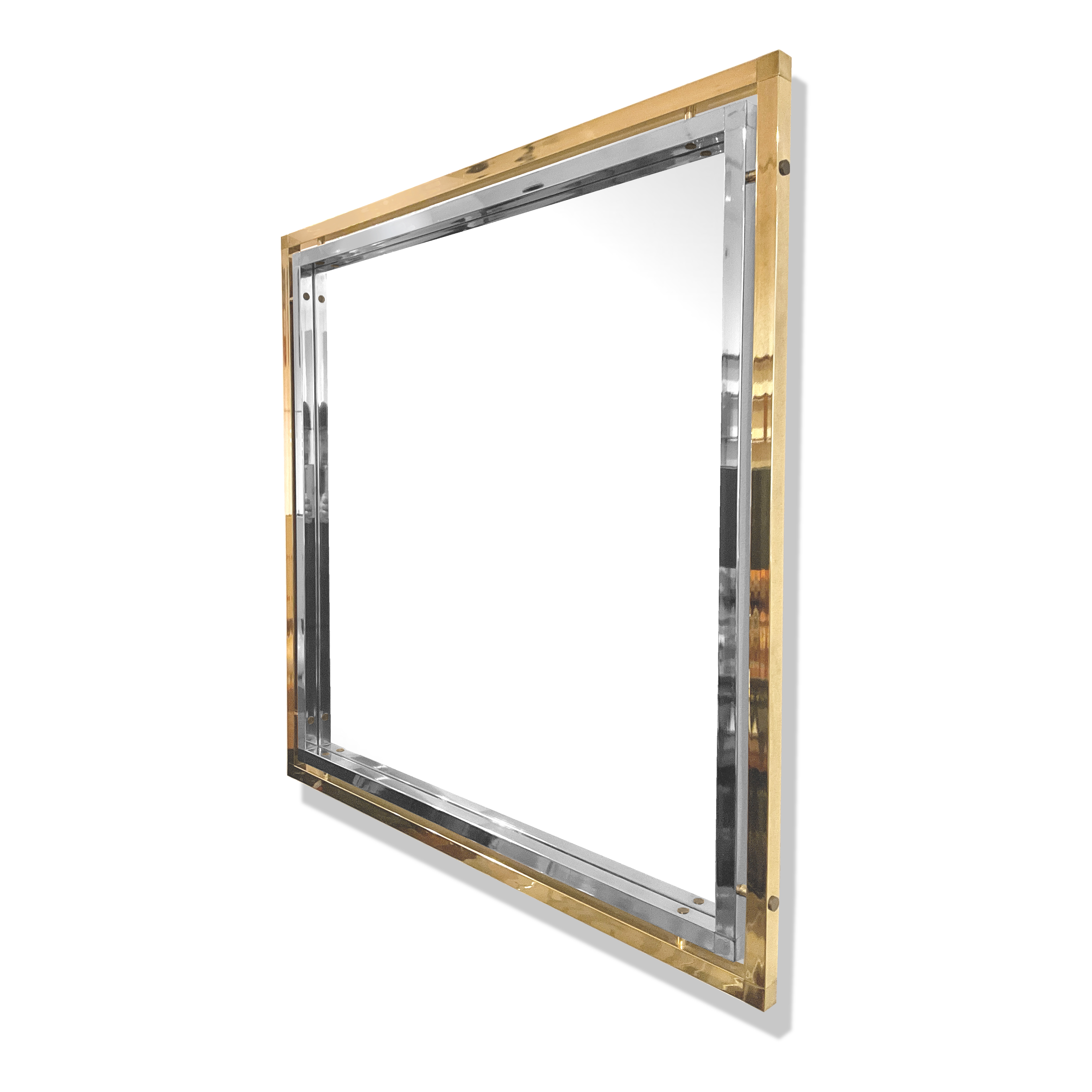 Miroir en chrome et laiton '70s - '80s ''Hollywood Regency''