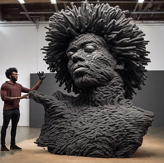 Black male artist with afro creating large scale sculpture that looks like a hand.jpg
