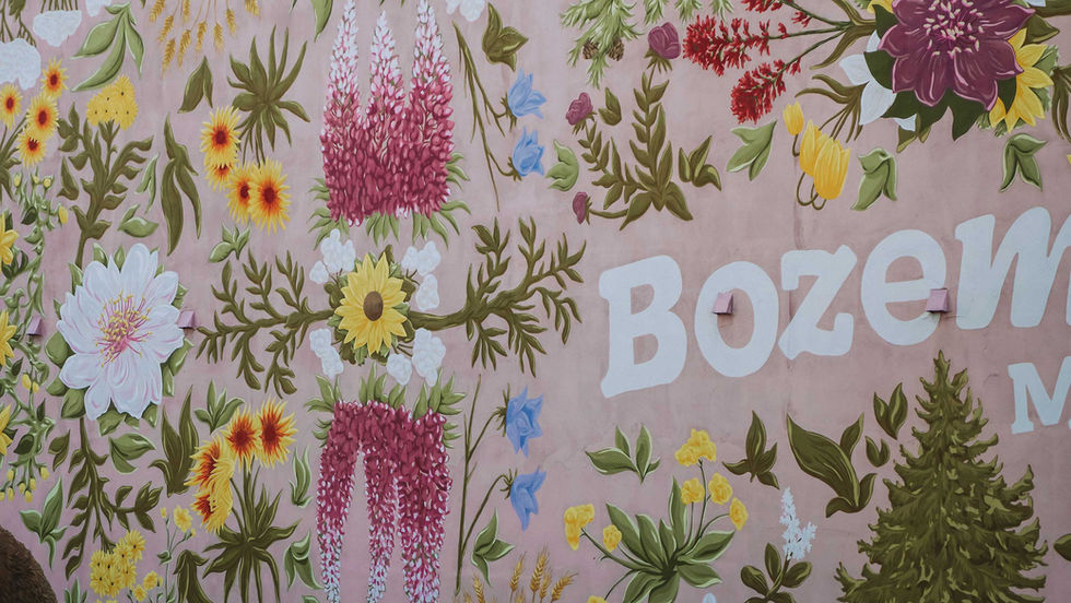 A nature mural on a pink wall with the big words "Bozeman, Montana" across the front