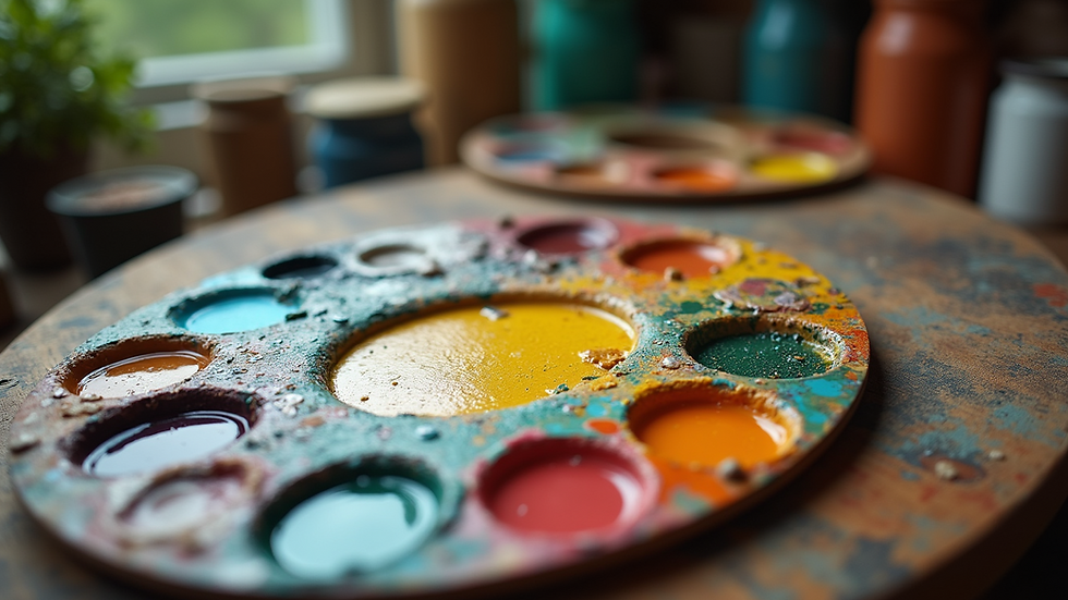 Eye-level view of a painter's palette with vibrant colors
