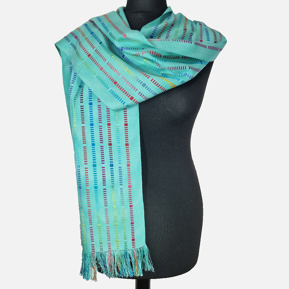 Aqua Confetti Handwoven Silk Scarf on mannequin
