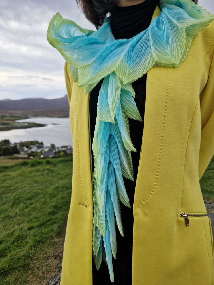 Thumbnail: Cool Breeze Arashi Shibori Feather Pleated Silk Scarf