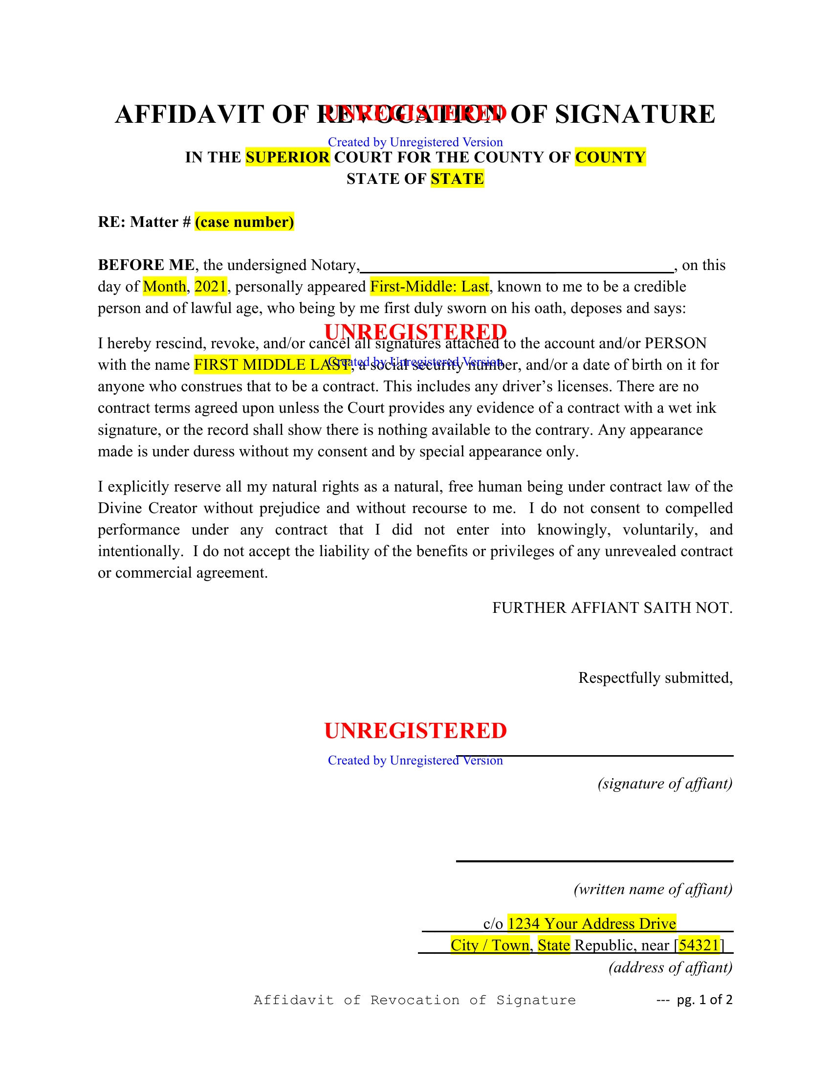 AFFIDAVIT OF REVOCATION OF SIGNATURE  Template