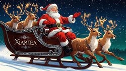 une image représentant un père Noël sur son traineau envole, avec les rennes pour les thés