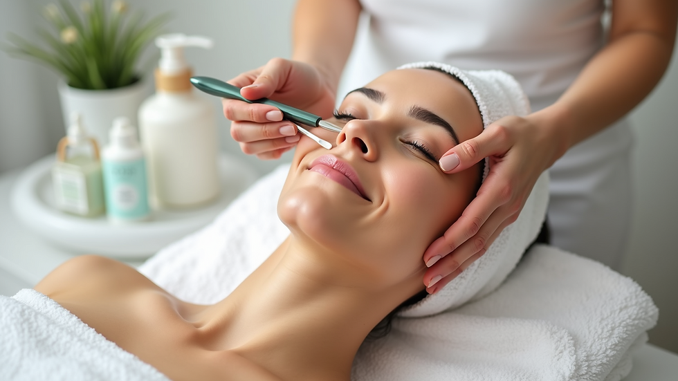 Close-up view of a skincare treatment setup with products and tools