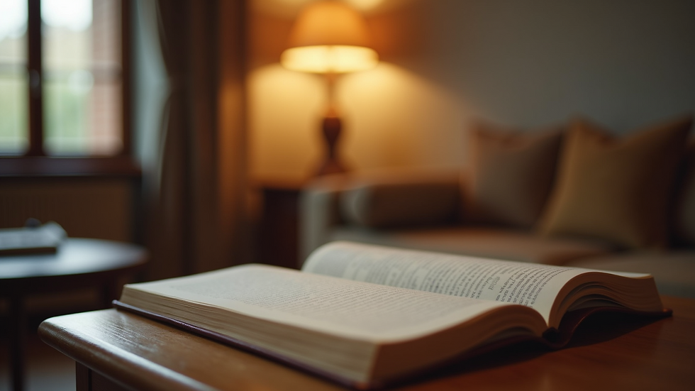 Eye-level view of a cozy room with soft lighting and a journal on a wooden table