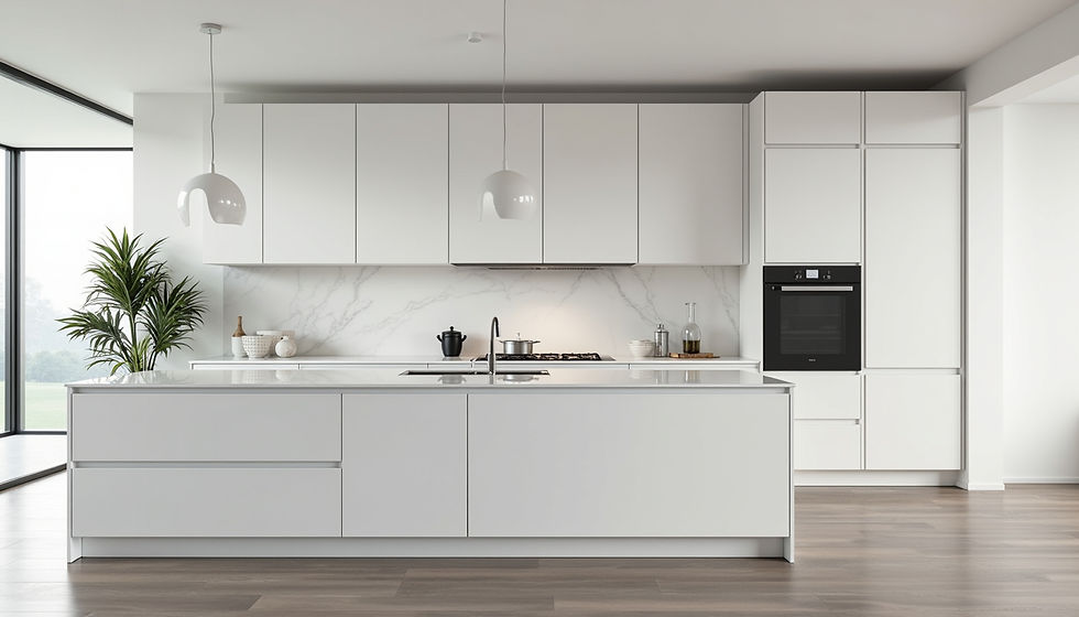 Eye-level view of a modern kitchen with clean lines, white cabinets, and a minimalist island