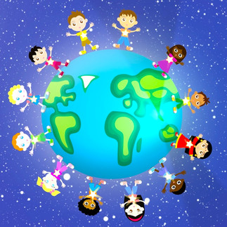 Crianças de diferentes culturas e origens de mãos dadas à volta do mundo, numa imagem infantil que simboliza união, diversidade e esperança para todas as crianças.