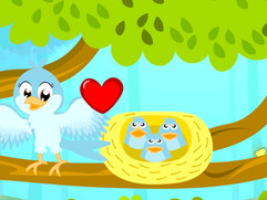 Mãe pássaro num ninho com os seus filhotes, numa ilustração infantil que simboliza amor, proteção e crescimento, associada à música infantil portuguesa “Ser Criança” para crianças e famílias.
