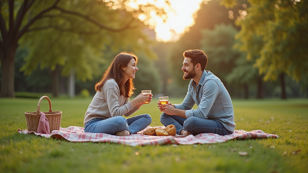Eye-level view of two friends enjoying a picnic in a park