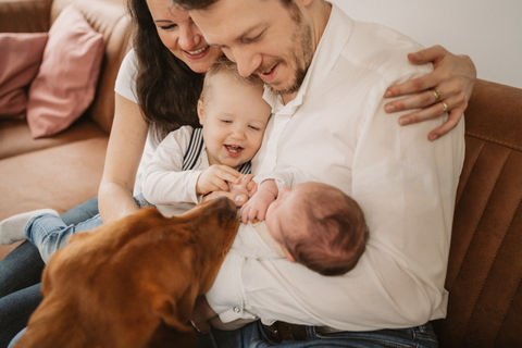 Familie mit Neugeborenem Mädchen und kleinem Jungen, kuschelnd auf dem Sofa. Und großer Labrador dazu.