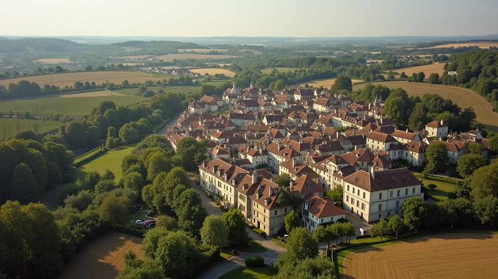 High angle view of a quaint Loire Valley town with vineyards in the background