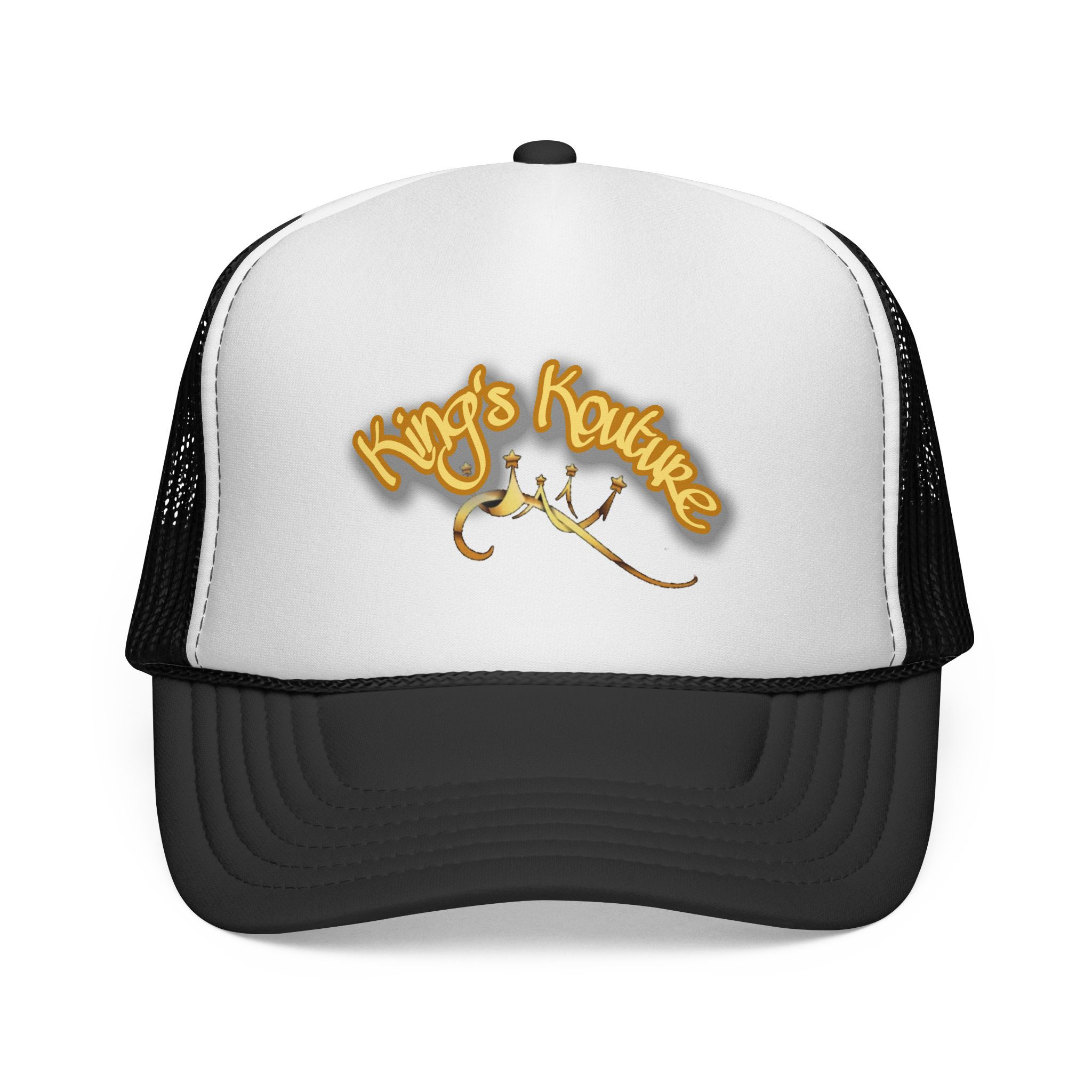 King's Kouture Trucker Cap — Gold Script Crown Mesh Hat