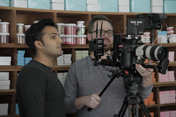 Director Mehul Shah checks out the shot with Camera Operator Matthew Levi Rowley.