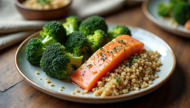 High angle view of a healthy meal plate featuring broccoli, salmon, and quinoa