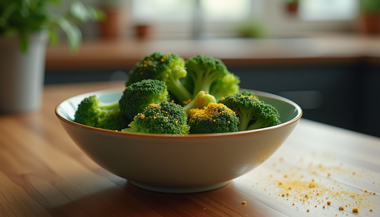 Eye-level view of a bowl of cooked broccoli with mustard powder sprinkled on top